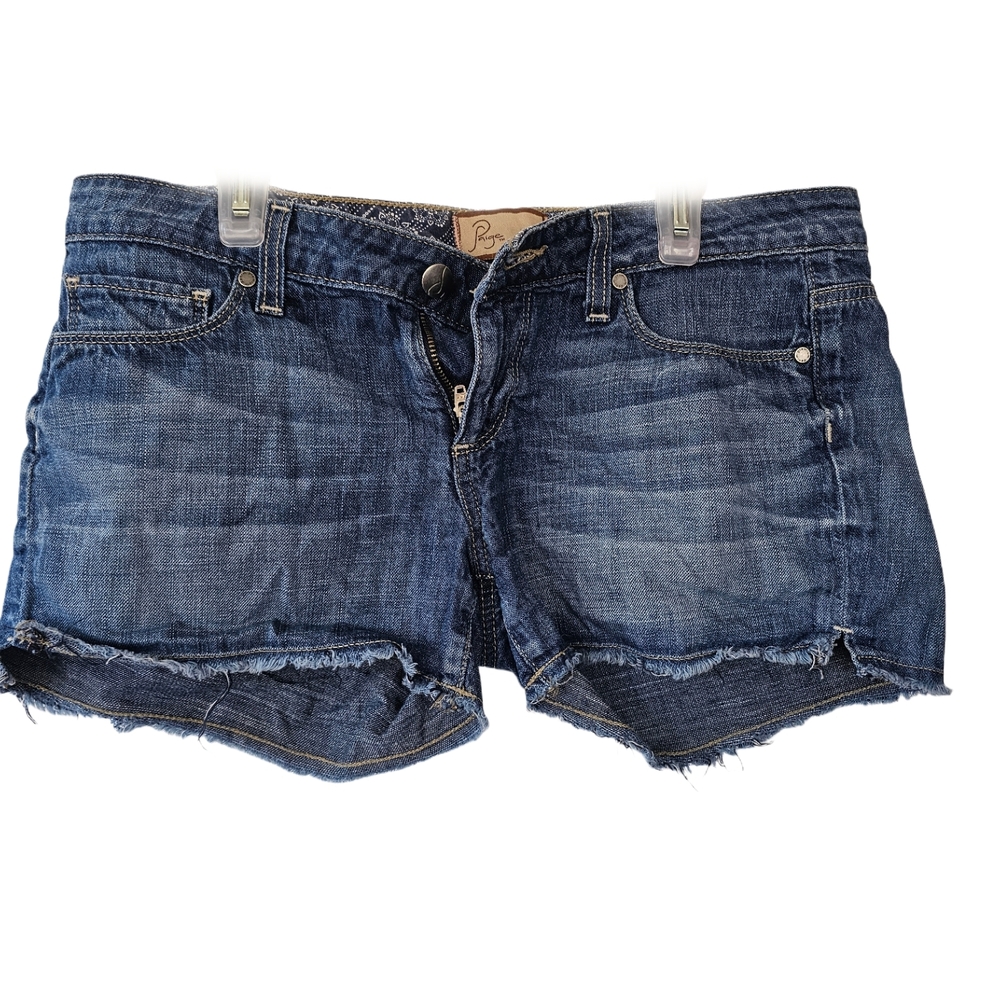 PAIGE Blue Jean Shorts with Frayed Hem and Faded Look